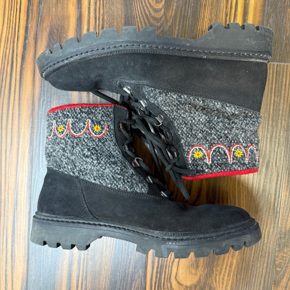 L.L. Bean Black Suede & Gray Wool Lace-Up Boots with Red Trim